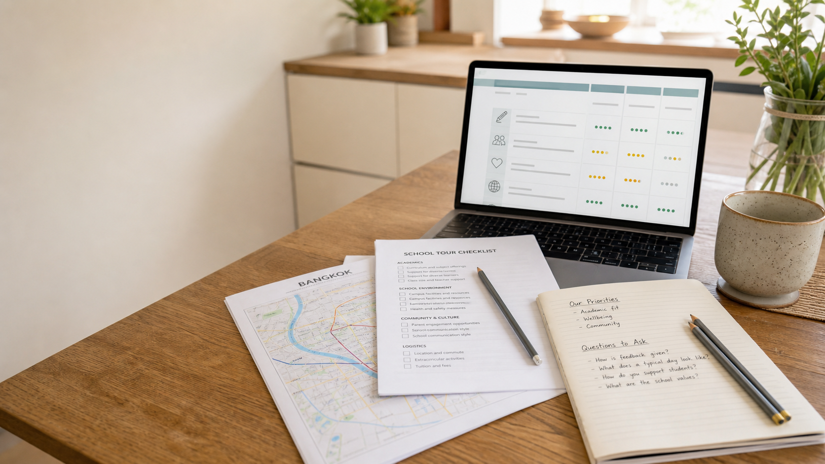 School comparison notes, checklist, map, and laptop on a family desk.